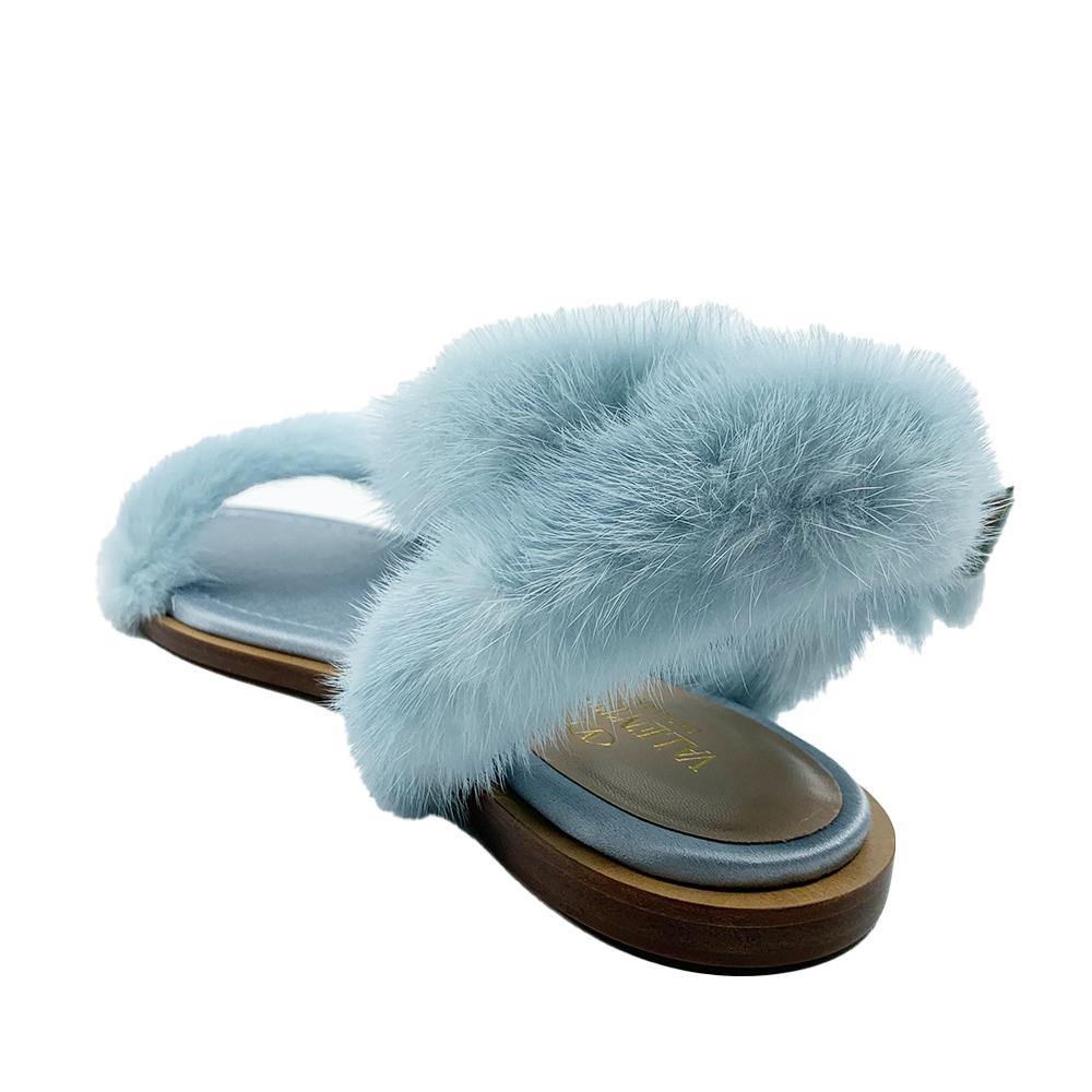 Valentino Garavani Mink Fur & Leather Ankle-Strap Flat Sandals on SALE